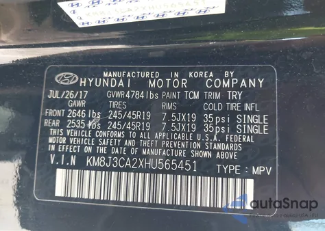 2017 Hyundai Tucson Value from USA, damaged, VIN KM8J3CA2XHU565451